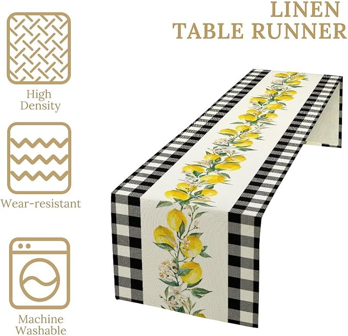 Lemon Table Runner,Black Buffalo Plaid Lemon Table Runner Farmhouse Style Spring Summer Home Kitchen Dinding Room Table Decoration 13x120 Inch