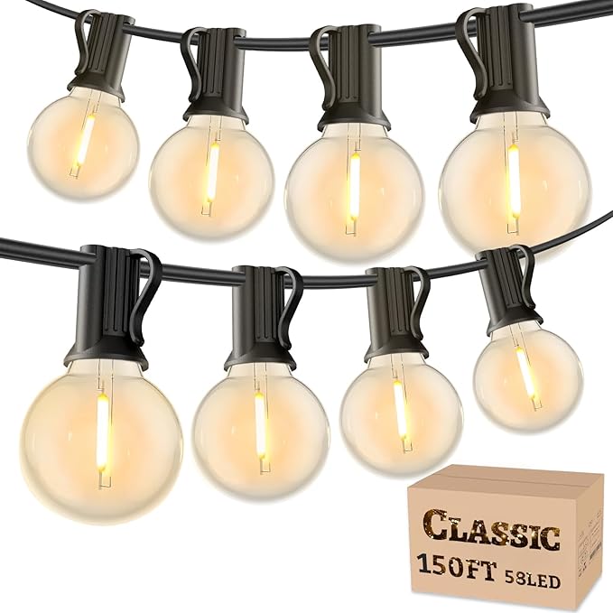 String Lights 150FT Warm White LED, 58 Bulbs, Dimmable, Black