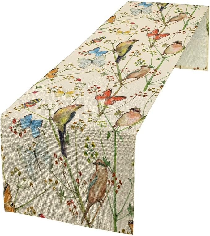 Brown Bird Floral Table Runner Spring Flower Kitchen Table Decoration Suitable for Family Dinner Decoration 13x70 Inch