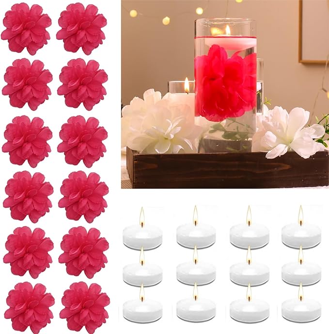 Vase Fillers Set with 12 Rose Red Floating Flowers and 12 White Candles