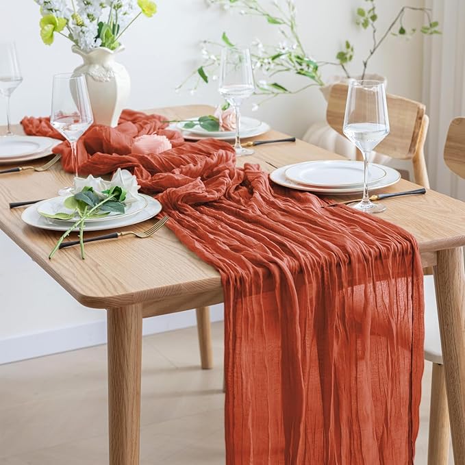Asee'm 2pcs Cheesecloth Table Runner 120 Inches Long Terracotta Boho Gauze Cheese Cloth Runner 10FT Rustic Sheer Fall Table Runners for Thanksgiving Christmas Wedding Party Baby Shower Decoration