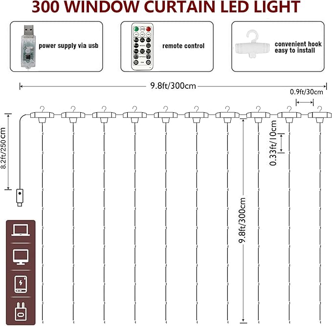 HOME LIGHTING Window Curtain String Lights, 300 LED 8 Lighting Modes Fairy Copper Light with Remote, USB Powered Waterproof for Christmas Bedroom Party Wedding Home Garden Wall Decorations, Cool White