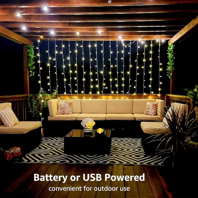 Indoor Fairy Curtain String Lights, 10x10 ft, Warm White, Battery or USB