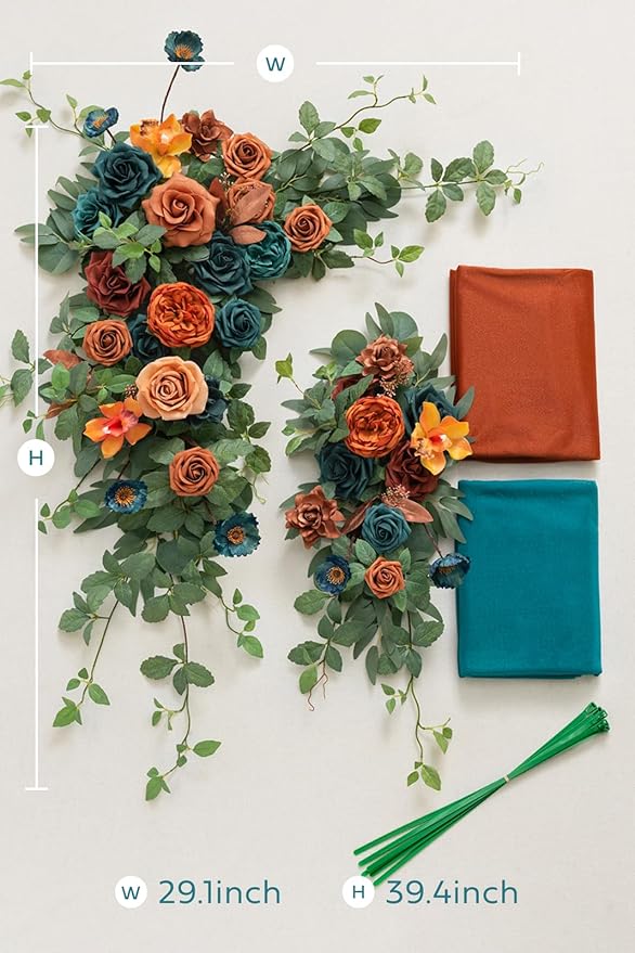 Artificial Wedding Flower Arch Kit in Teal and Burnt Orange, 4-Piece Set
