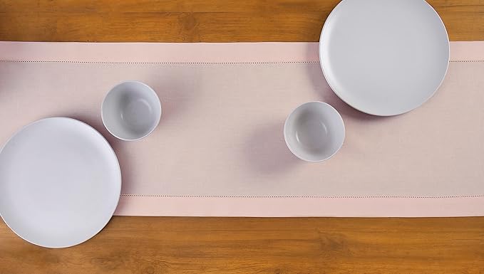 Solino Home Pink Table Runner 108 Inches Long - Cotton Linen Hemstitch 14 x 108 Inch Table Runner for Dining, Fall, Autumn, Thanksgiving, Christmas