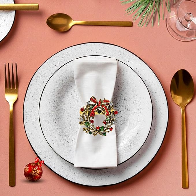 Halatool Set of 8 Christmas Napkin Rings Delicate Wreath Napkin Holder for Christmas Thanksgiving Holiday Party Table Decoration