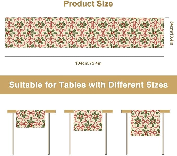 Christmas Table Runner,Xmas Holiday Bowknot Decor Table Cloth Kitchen Dining Table Decoration for Home Party Decor 13x60 Inch