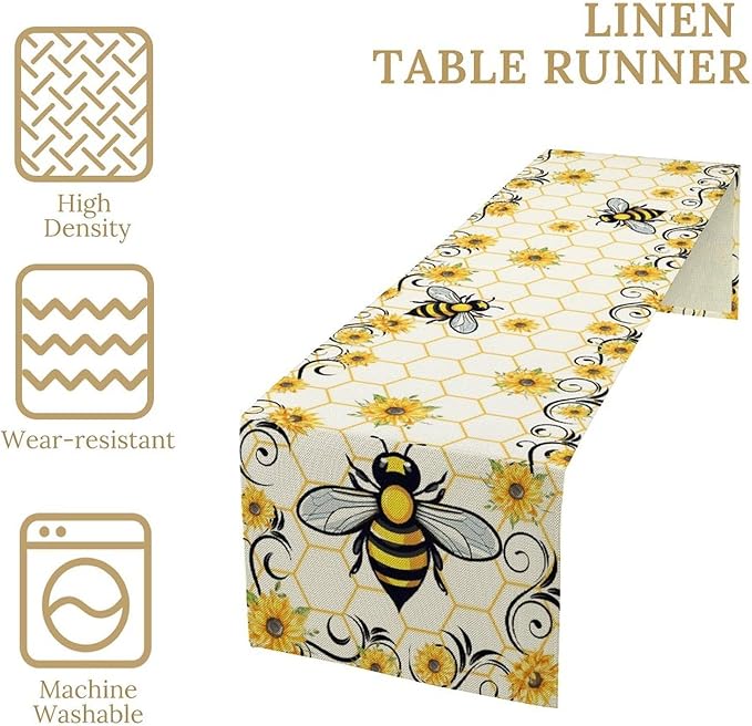Bee Sunflower Table Runner, Farmhouse Orange Honeycomb Vintage Spring Summer Flowers Print Table Cover for Party Wedding Home Kitchen Dining Table Decor, 13x120inch