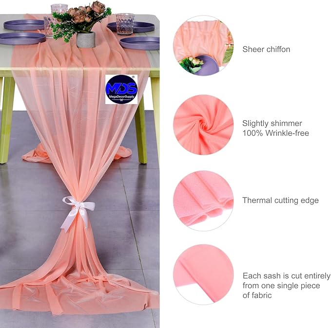 MDS Halloween Chiffon Table Runner - 25 Pack, 29 x 170 Inches, 14ft Each - Sheer Spooky Table Runners for Haunted House Parties, Trick-or-Treat Tables, Witchy Décor, Wedding & Events - Peach