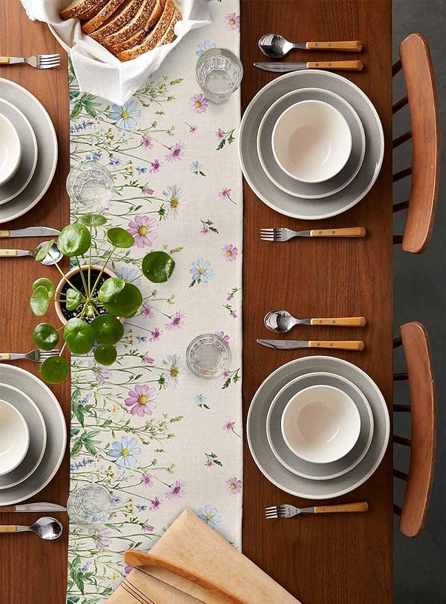 Vintage Wildflowers Cotton Linen Table Runner for Dining Kitchen, Wedding Outdoor Party Tablerunners Decoration, Farm Floral Pink Botanical Plants Dresser Scarf Coffee Tablecloth Runners 13x36 Inches