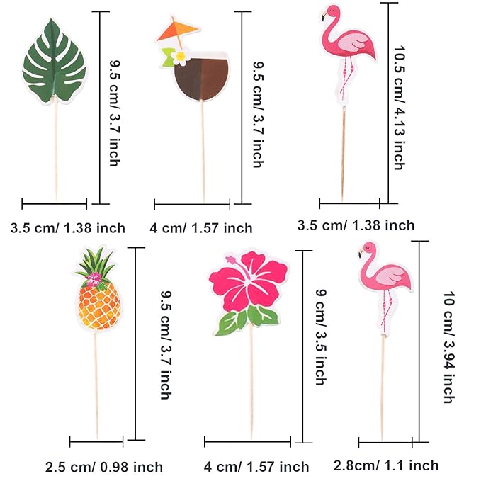 Luau Cupcake Toppers Tropical Cake Decorations Hawaiian Toothpicks Sticks with Flamingo Pineapple Palm Leaves Shape Picks for Summer Beach Theme Party Favors Supplies, 6 Styles (72)