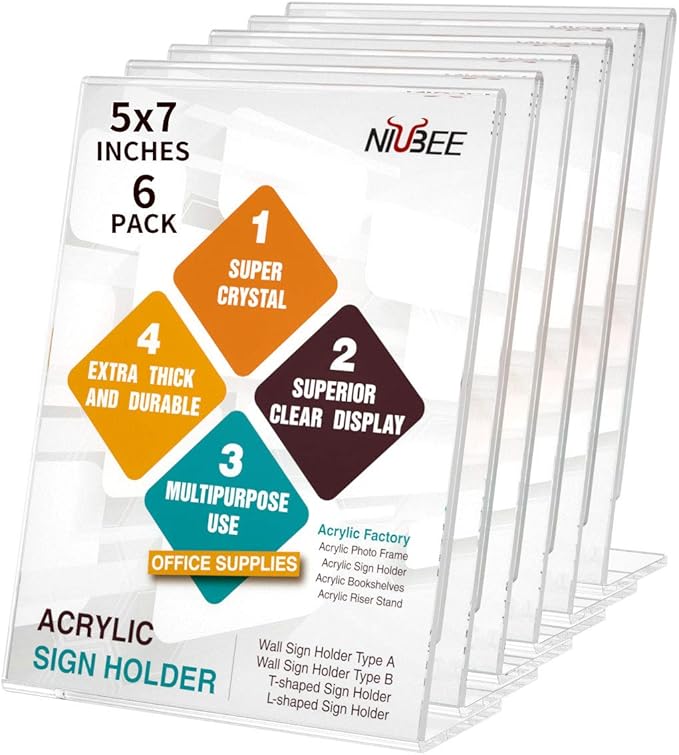NIUBEE 6Pack Slant Back Acrylic Sign Holder 5x7 inches, Clear Vertical Picture Frames Frames, Desktop Flyer Holder Document Holder Paper Display Stand