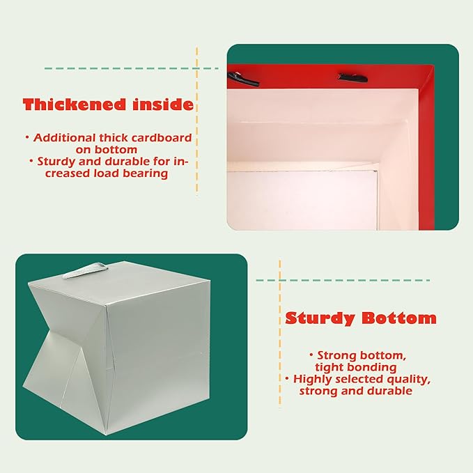 Gift Bags - Silver Square Bottom Paper with Handles, 12x12 Inch, Pack of 10