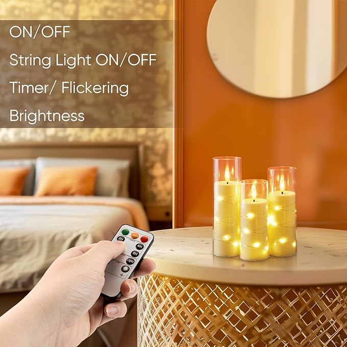 Homemory Flameless Candles with Embedded Star String Fairy Lights, Battery Operated Candles with Remote Control and Timer, Acrylic Flickering LED Candle for Fall Decor, Ivory, Set of 9, D2.2”xH5”6”7”