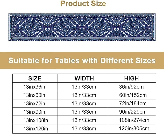 Boho Floral Vintage Table Runner, Retro Morris Abstract Blue Flower Rustic Country Farmhouse Pattern for Home Kitchen Table Decor Dining Coffee Room Wedding Party Decor 13x120in