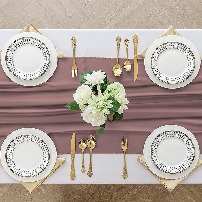 2 Pack 10 Ft Chiffon Table Runner Dusty Rose Gauze Long Table Runners 27x120 Inches Sheer Tulle Table Runner for Rustic Wedding Reception Bridal Shower Decorations Birthday Party