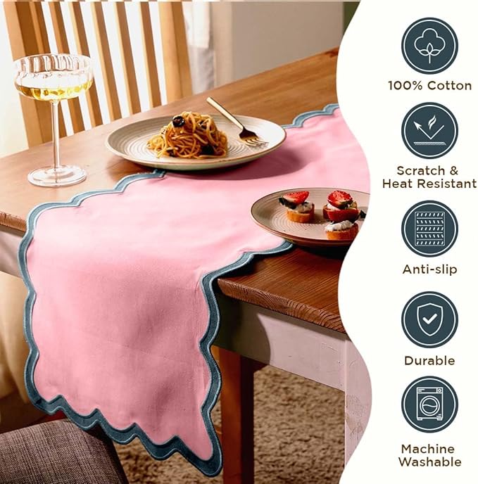 Folkulture Table Runner | Table Runners 108 inches Long | Scallop Table Runner for Farmhouse Decor or Boho Decor | Boho Pink Table Runners for Dining Room Table Decor | Pastel Party Decorations