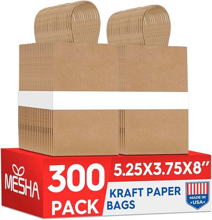 Gift Bags, Brown Kraft Paper with Handles, 5.25 x 3.75 x 8 Inch, 300 Pack
