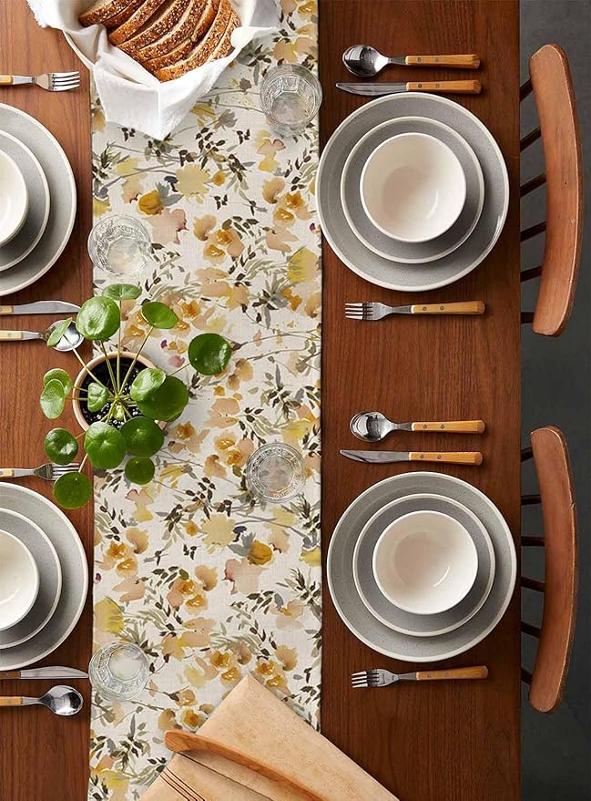 Vintage Orange Flower Cotton Linen Table Runner for Dining Kitchen, Wedding Outdoor Party Tablerunners Decoration, Farmhouse Botanical Floral Retro Dresser Scarf Coffee Tablecloth Runners 13x36 Inches