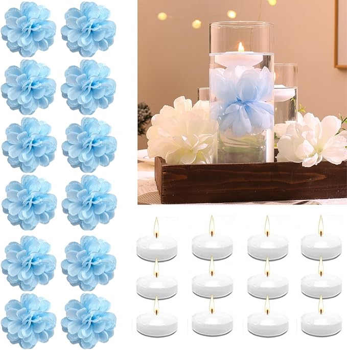 Vase Fillers with Floating Flowers and White Candles, 24 Pieces