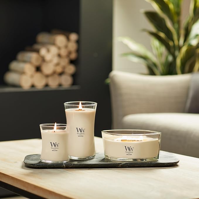 Jar Candle with Vanilla Bean Scent, White Ellipse Wooden Wick