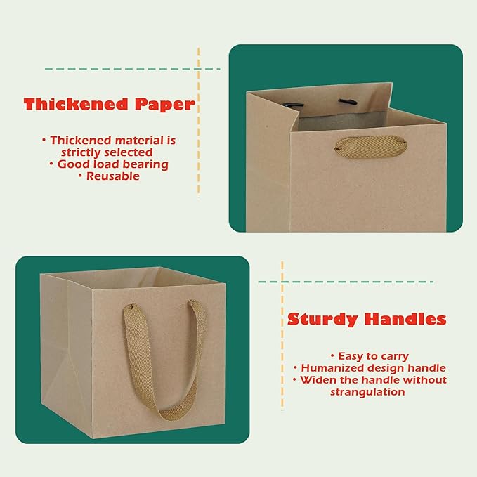 Paper Square Gift Bags with Handles, 12 x 12 x 12 Inch 10-Pack, Kraft Brown