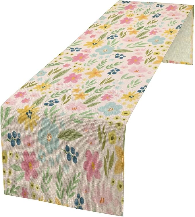 Floral Table Runner, Boho Style Watercolor Flower Green Leaf Plant Rectangle Table Decoration for Dining, Party, Holiday,13in（33cm） W * 36in（92cm） L