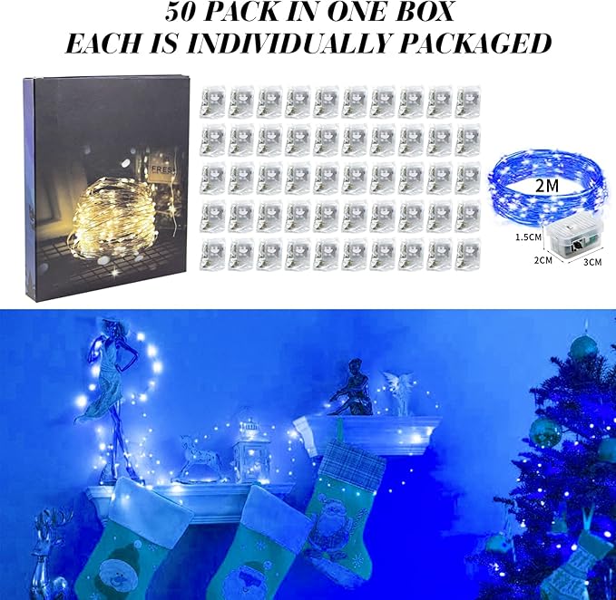 ZGWJ 50 Pack Fairy Lights Battery Operated, 7ft 20 Mini LED Fairy String Lights Silver Wire 3 Modes for DIY, Parties, Wedding, Bedroom, Halloween Christmas Decoration Blue