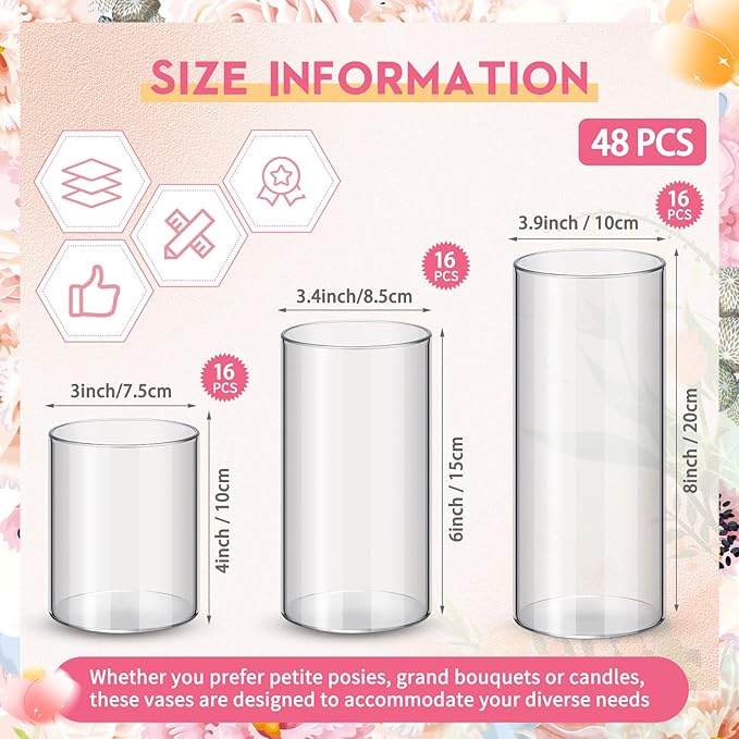 Cylinder Vases, 48 Clear Plastic Pieces in 3 Sizes for Table Décor