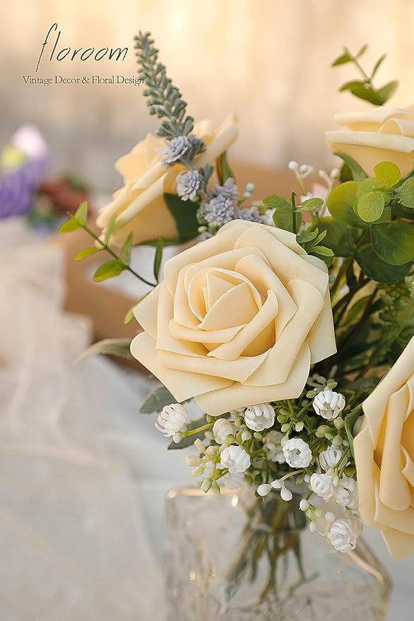 Floroom Artificial Flowers 50pcs Real Looking Creamy Yellow Foam Fake Roses with Stems for DIY Wedding Bouquets Bridal Shower Centerpieces Floral Arrangements Party Tables Home Decorations