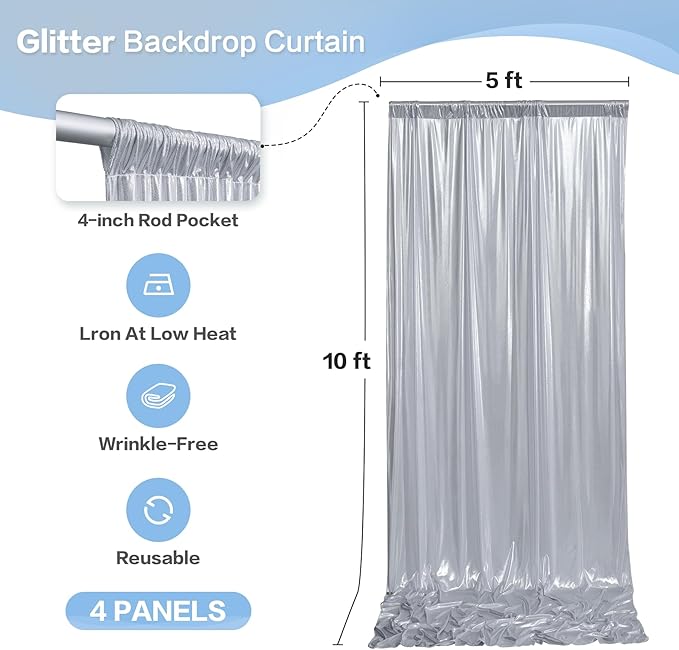 Backdrop Silver Sequin Party Decor, 4 Panels (5x10 ft Each)