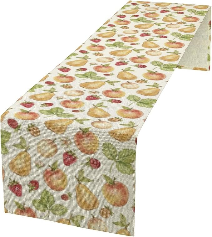 Vintage Spring Summer Fruit Table Runner Watercolor Pear Strawberry Leaves Dinner Runner for Farmhouse Party Holiday Home Kitchen Dining Table Decor 13x60