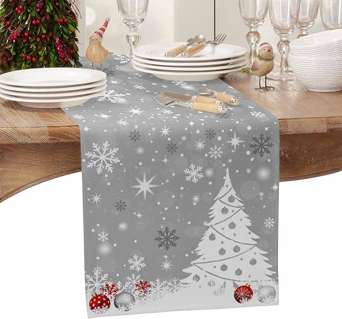 Christmas Snowflakes Cotton Linen Table Runner for Dining Kitchen, Xmas Tree Snow Winter Wedding Outdoor Party Tablerunners Decoration, Grey Balls Dresser Scarf Coffee Tablecloth Runners 13x48 Inches