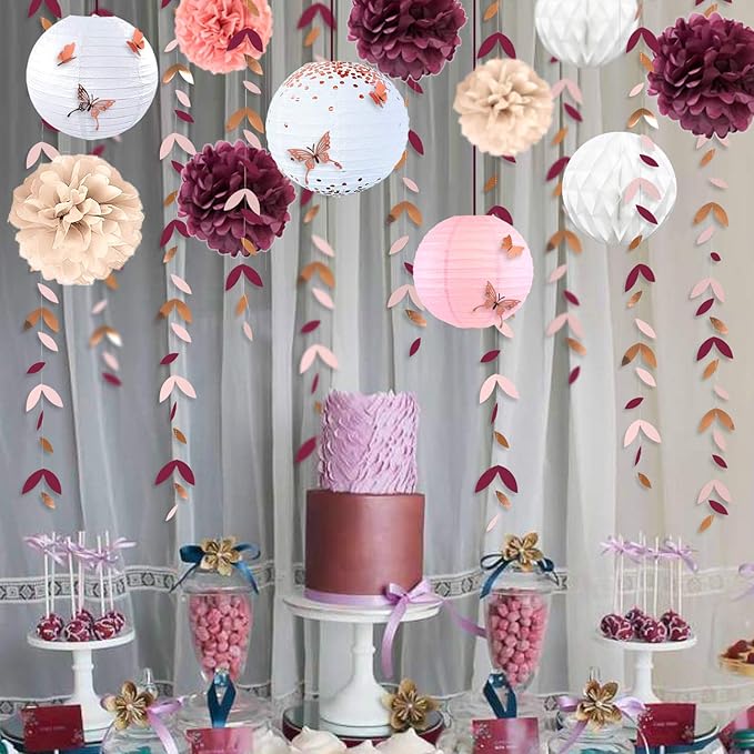 Banner Kit: 40 Pieces in Burgundy and Rose Gold with Paper Lanterns