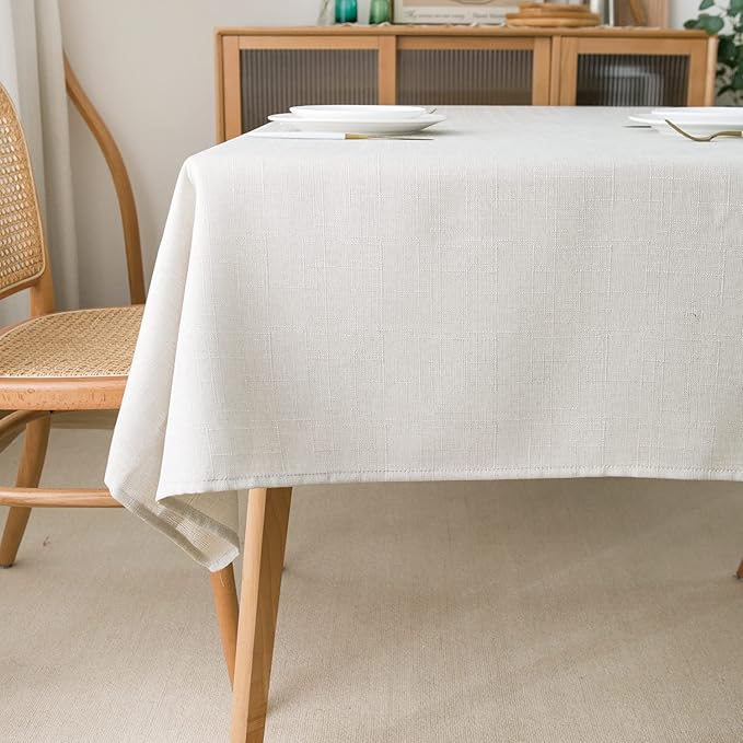 NLMUVW White Linen Tablecloth 84 Inch for Rectangle Table 6ft, Rustic Faux Linen Textured Table Cloth Cover Farmhouse for Party Kitchen Dining, 54 x 84 Inch
