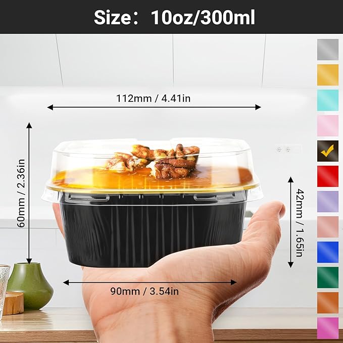 Baking Cups with Lids, 10 oz Aluminum Foil, 100 Count, Black & Gold