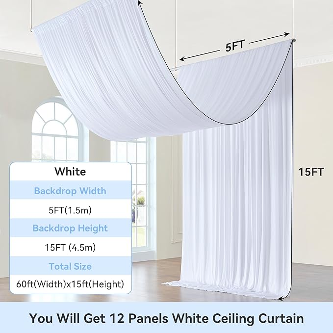 60ft x 15ft White Wrinkle Free Backdrop Curtains for Parties,Silky Polyester Fabric Wedding Ceiling Drapes, 12 Panels 15ft Photo Back Drop Drapes for Baby Shower Photography Stage Background Cloth