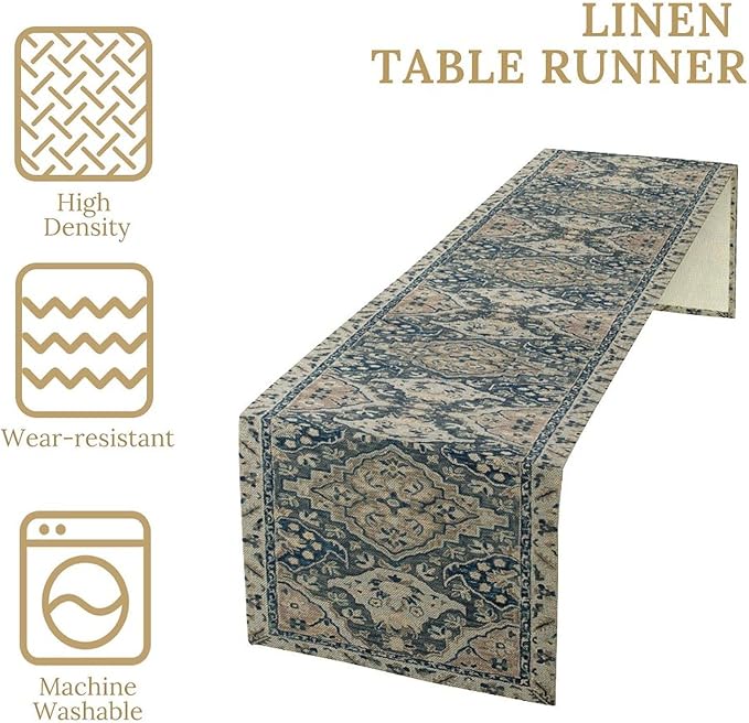 Vintage Boho Floral Table Runner, Rustic Country Farmhouse Blue Grey Retro Flower Pattern for Home Kitchen Table Decor Dining Coffee Room Party Decor 13x36in