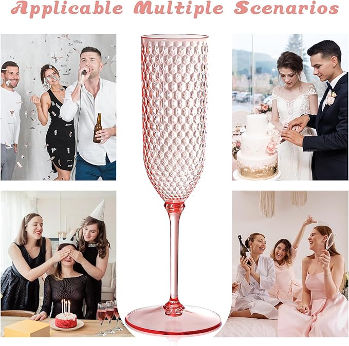 Champagne Glasses 24 Pack Pink Detachable Plastic Flutes 5.5 Oz
