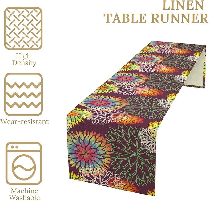 Brown Dahlia Flower Table Runner, Linen Geometric Pattern Floral Table Decor Spring Farmhouse Decorations for Kitchen Dining Holiday Party Decor, 13x70 Inch