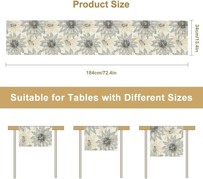 Chrysanthemum Vintage Floral Table Runner, Elegant Grunge Green Sunflower Spring Summer Elegant Pattern Artichokes Flower Table Runner for Party Kitchen Dining Living Room Decor, 13x90 Inch
