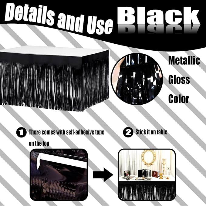 4 Pack 29x108 Inch Metallic Foil Fringe Tinsel Table Skirts for Rectangle Tables Streamer Curtains Backdrop for Halloween, Birthday, Parade Floats, Christmas Party Supplies(Black)