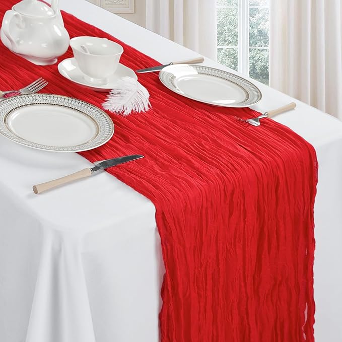 6 Pack Red Cheesecloth Fall Table Runner 10ft Boho Gauze Fabric Cheese Cloth Thanksgiving Christmas Table Runner 35 x 120 Inch Rustic Sheer for Wedding Decor Bridal Shower Party Centerpiece Decoration