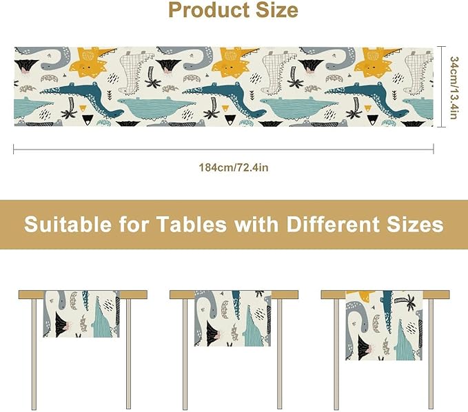 Cartoon Dinosaur Table Runner,Kids Boys Cute Various Dino Moutain Modern Abstract Print Tablecloth Burlap for Hotel Indoors Outdoor Dining Room Kitchen Holiday Party, 13x80in