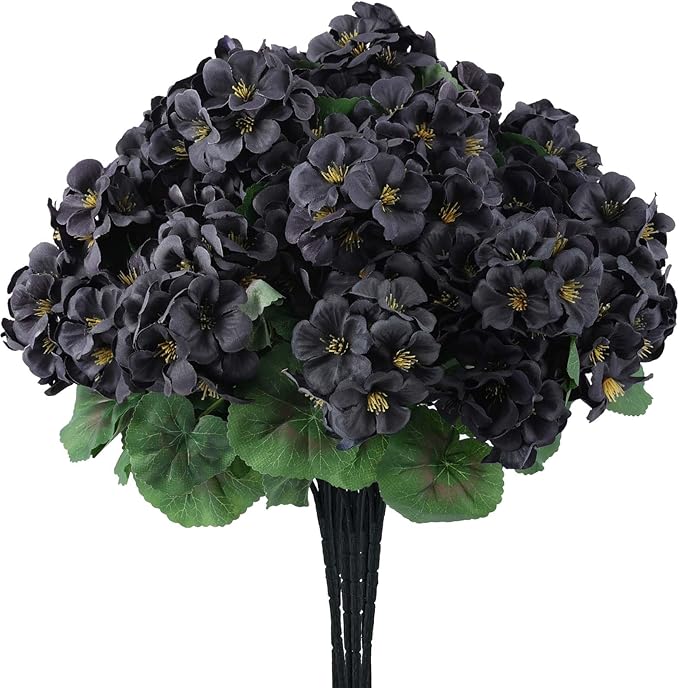 Hananona 12 Pcs Artificial Geranium Flowers for Outdoors Geranium Silk Flowers Outdoor UV Resistant Garden Plants Faux Black Flower for Home Kitchen Halloween Table Centerpieces Decor (12, Black)