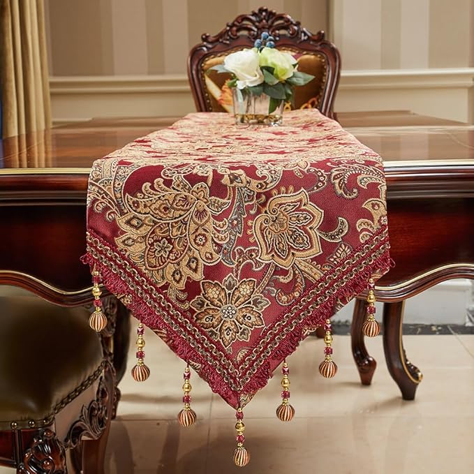 Luxury Vintage Design Table Runner 90 inches Long Embroidery Jacquard Fabric with Multi-Tassels Table Runners for Dining Room Dresser Christmas Thanksgiving Party Decorations (Red, 12X90inch)