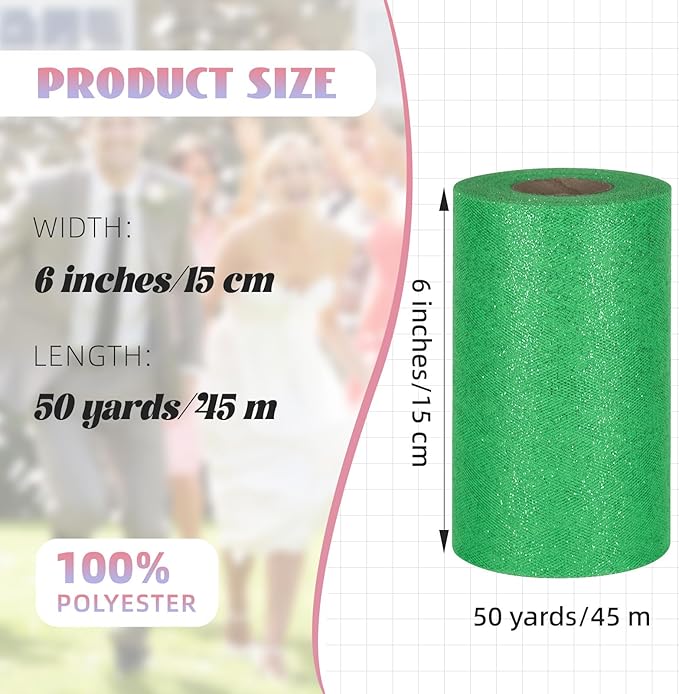 Glitter Tulle Rolls 6" by 50 Yards - Sparkle Fabric Ribbon With Sequins for DIY Tutu Skirt, Wedding, Birthday Party Decoration (Green)