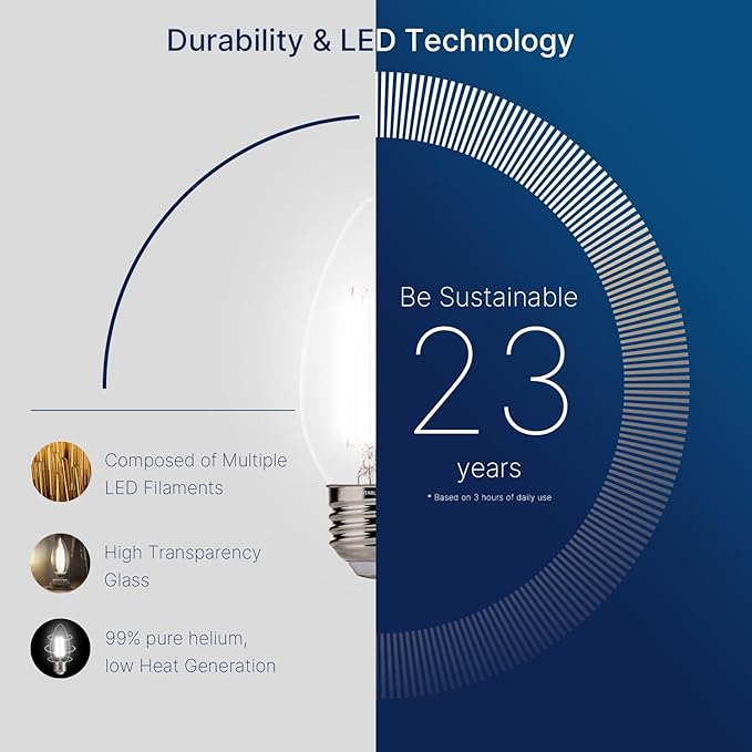 FLSNT Dimmable LED Candelabra Bulbs, 60W Equivalent LED Chandelier Light Bulbs, 5000K Daylight, E26 Base, 550LM, 6 Pack UL,CA65 Listed.