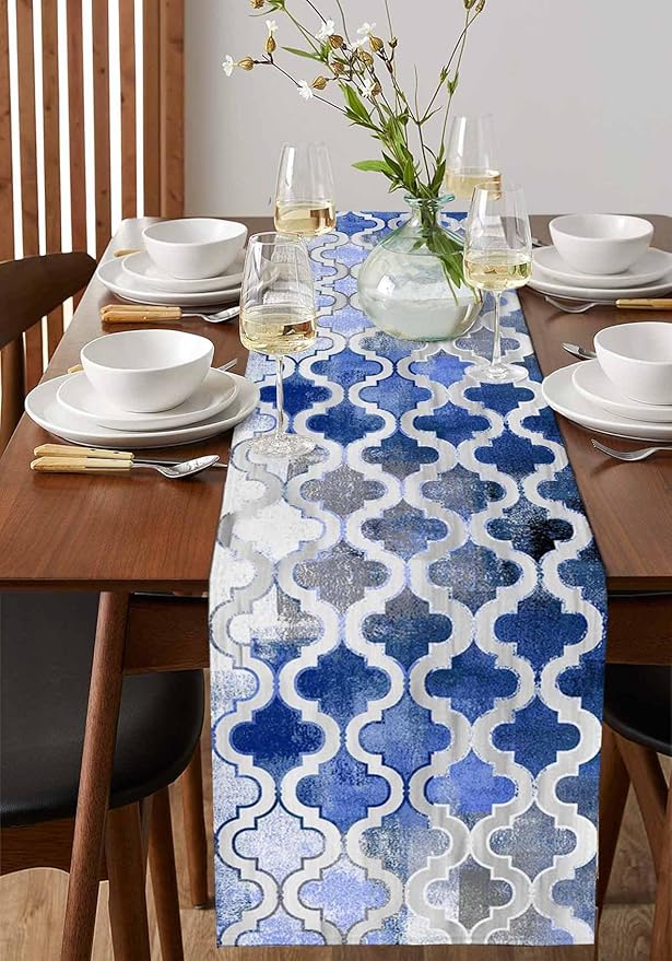 Blue Morocco Plaid Cotton Linen Table Runner for Dining Kitchen, Wedding Outdoor Party Tablerunners Decoration, Distressed Abstract Painted Vintage Dresser Scarf Coffee Tablecloth Runners 13x36 Inches