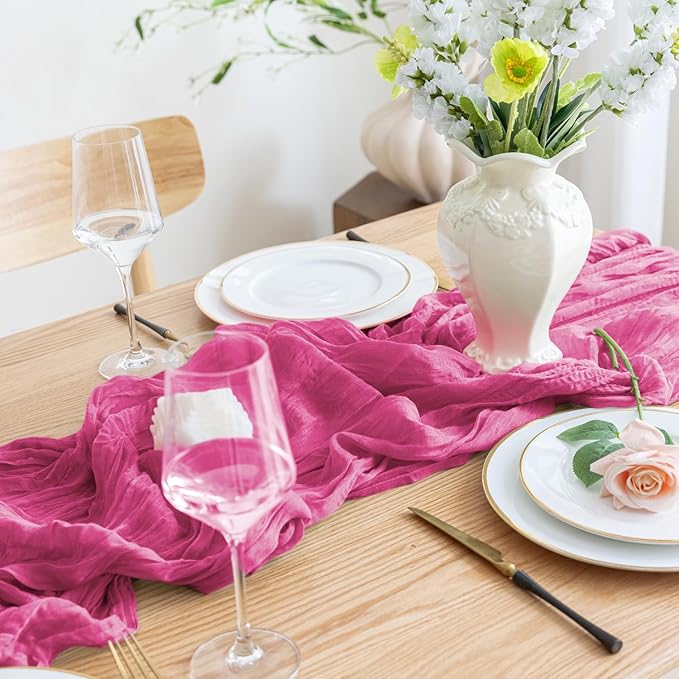 Asee'm 3pcs Cheesecloth Table Runner 120 Inches Long Deep Pink Boho Gauze Cheese Cloth Runner 10FT Rustic Sheer Table Runners for Christmas Wedding Party Baby Shower Spring Easter Decoration